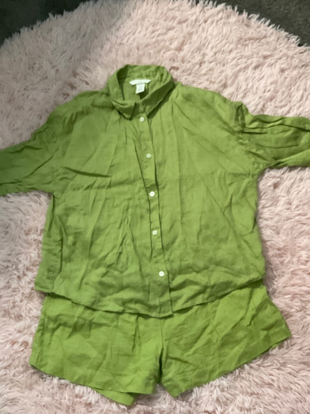Linen Button-Up Top & Shorts Set in Green